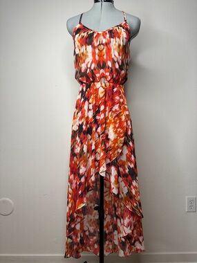 GUESS Floral Halter Maxi Dress Orange Red Flowing Summer Vacation XS